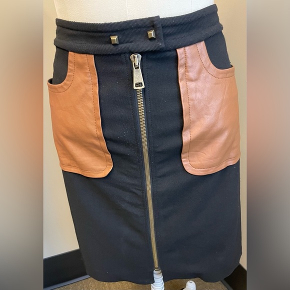 Tracy Reese zip up faux leather pocket black and brown skirt - size Large - Picture 2 of 9